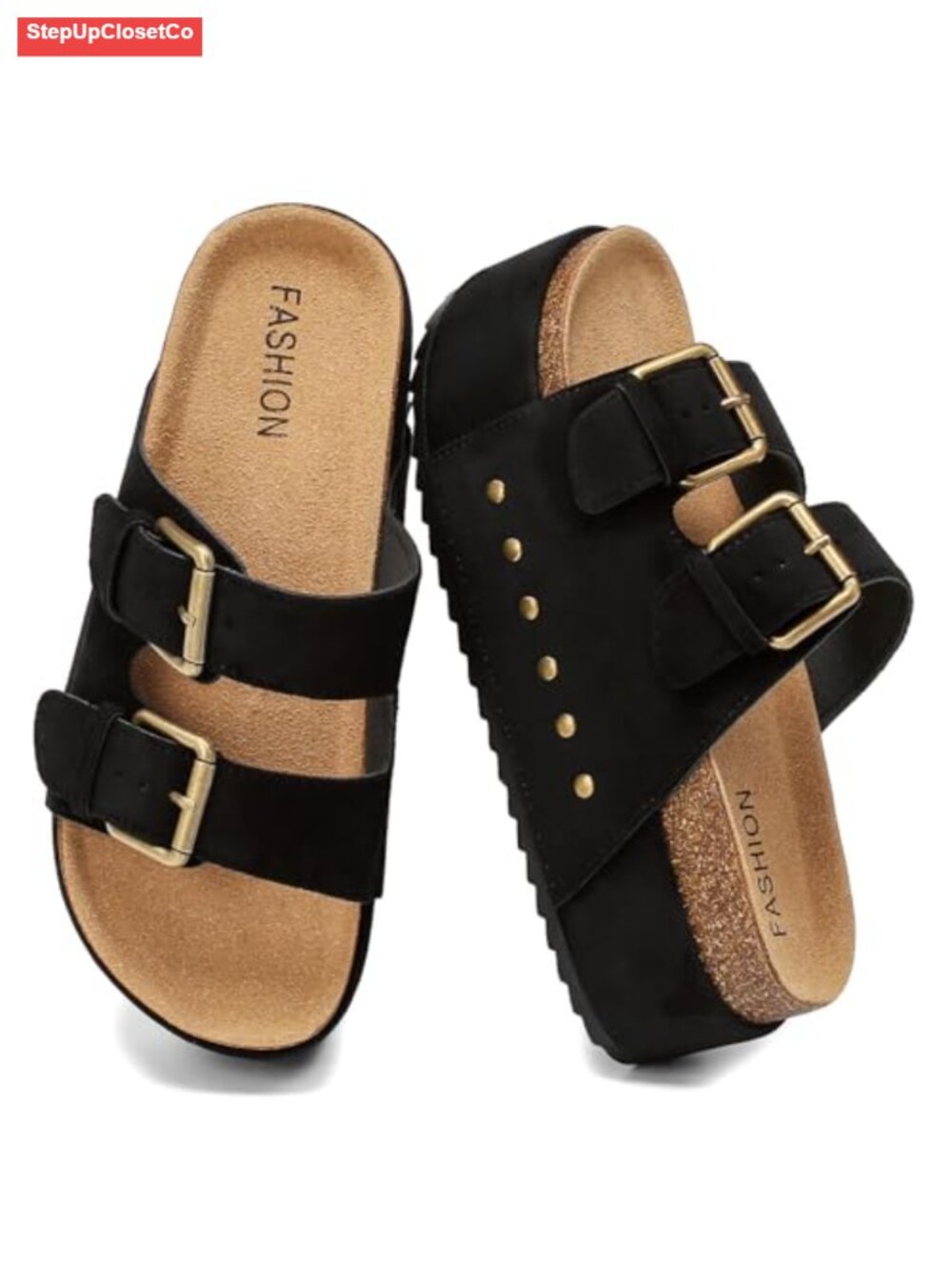 Women's Platform Sandals Cork Footbed with Double Buckles Chunky Wedge Slides